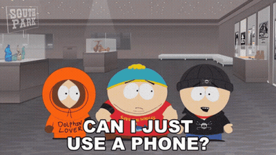 Three South Park Characters Asking To Use Phone In Museum GIF