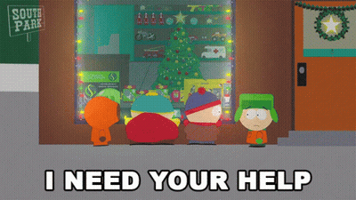 Three South Park Characters Standing In Front Of A Christmas Tree GIF