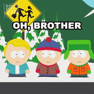 Three South Park Characters Standing In Front Of A Sign That Says " Oh Brother " GIF