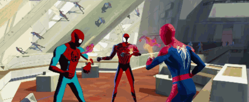 Three Spider-Man Are Standing In A Room And One Of Them Has A Spider-Man Logo On His Back GIF
