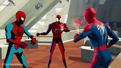 Three Spider-Man Are Standing In A Room With The Hashtag #Spiderverse On The Bottom Right GIF