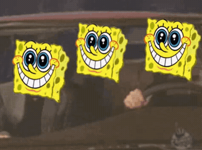 Three SpongeBob SquarePants Faces Hanging From Car Window GIF