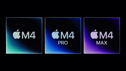 Three Squares With Apple Logos On Them And The Words M4 Pro And M4 Max GIF