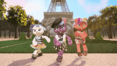 Three Stuffed Animals Are Dancing In Front Of A Eiffel Tower GIF