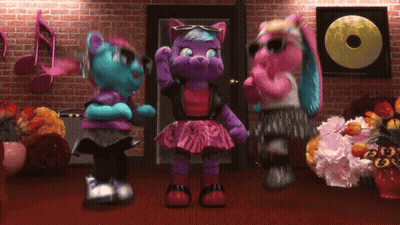 Three Stuffed Animals Are Dancing In Front Of A Record GIF