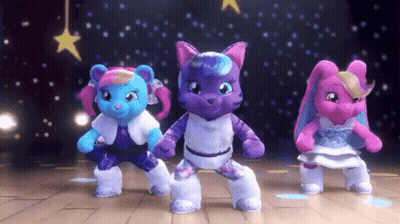 Three Stuffed Animals Are Dancing On A Stage With Stars In The Background GIF