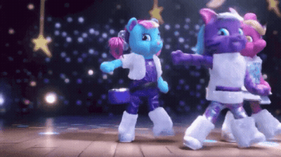 Three Stuffed Animals Are Dancing On A Stage With Stars In The Background GIF