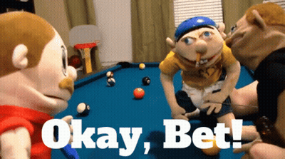 Three Stuffed Animals Are Sitting Around A Pool Table With The Words Okay Bet Below Them GIF