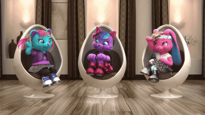 Three Stuffed Animals Are Sitting In White Chairs On A Wood Floor GIF
