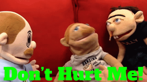 Three Stuffed Animals Are Sitting On A Red Couch And One Has A Shirt That Says Bully GIF