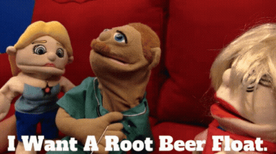 Three Stuffed Animals Are Sitting On A Red Couch With The Words " I Want A Root Beer Float " On The Bottom GIF