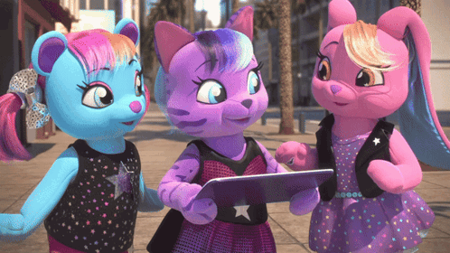 Three Stuffed Animals Are Standing Next To Each Other And One Is Holding A Tablet With A Star On It GIF
