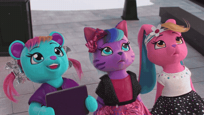 Three Stuffed Animals Are Standing Next To Each Other And One Of Them Is Holding A Tablet GIF