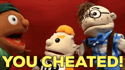 Three Stuffed Animals Are Standing Next To Each Other With The Words " You Cheated " Written In Yellow GIF