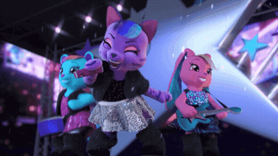Three Stuffed Animals On A Stage With One Holding A Microphone And One Holding A Guitar GIF