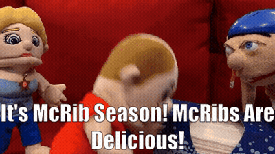 Three Stuffed Animals On Red Couch Saying It's McRib Season GIF