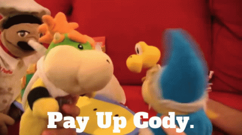 Three Stuffed Animals On Red Couch Saying Pay Up Cody GIF