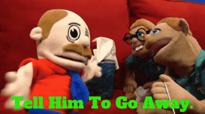 Three Stuffed Animals Sitting On A Red Couch With The Words Tell Him To Go Away In Green Letters GIF