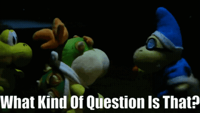 Three Stuffed Animals Standing Next To Each Other With The Words " What Kind Of Question Is That " Below Them GIF