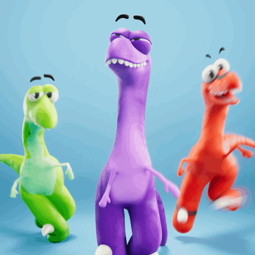 Three Stuffed Dinosaurs Are Standing Next To Each Other On A Blue Surface GIF