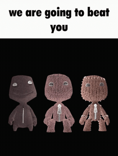Three Stuffed Dolls Are Standing Next To Each Other With The Words " We Are Going To Beat You " On The Bottom GIF