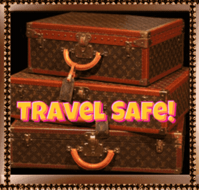 Three Suitcases Are Stacked On Top Of Each Other With The Words Travel Safe Written In Pink GIF