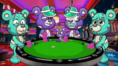 Three Teddy Bears Playing Poker In A Casino GIF