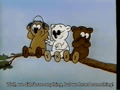 Three Teddy Bears With Headphones On Tree Branch GIF
