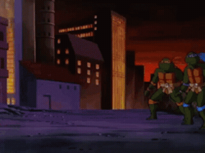 Three Teenage Mutant Ninja Turtles Standing In Front Of A Yellow Taxi GIF