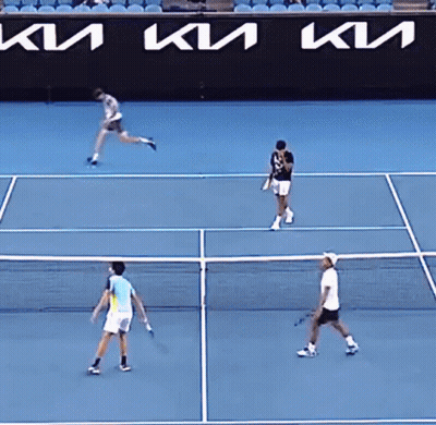 Three Tennis Players On Court With Kia Sign GIF