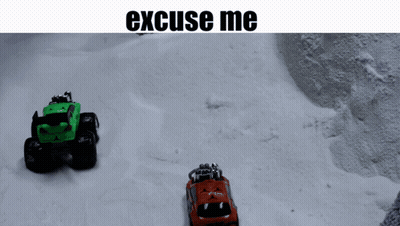 Three Toy Cars Are Driving Down A Snowy Road And The Words Excuse Me Are Above Them GIF