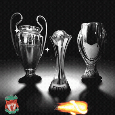 Three Trophies Are Displayed Including One That Says Fifa On It GIF