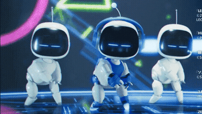 Three White Robots Are Dancing In Front Of A Screen That Says Ze GIF