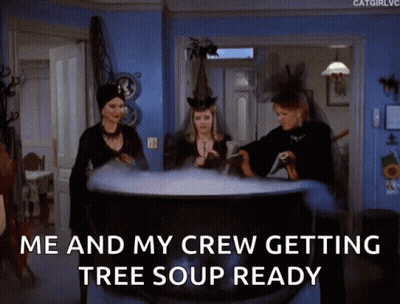 Three Witches Around Cauldron Saying Me And My Crew Getting Tree Soup Ready GIF