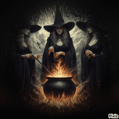 Three Witches Preparing Potion In Cauldron GIF
