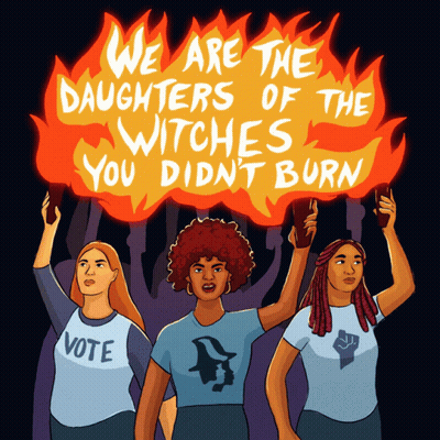 Three Women Are Holding Candles In Front Of A Sign That Says We Are The Daughters Of The Witches GIF