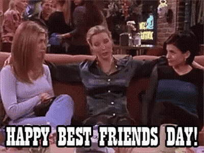 Three Women Are Hugging Each Other On A Couch With The Words Happy Best Friends Day GIF