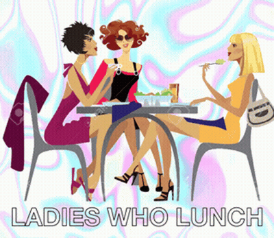 Three Women Are Sitting At A Table With The Words " Ladies Who Lunch " Above Them GIF
