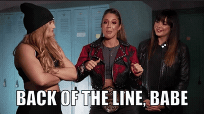 Three Women Are Standing In A Locker Room With The Words Back Of The Line Babe Written On The Bottom GIF