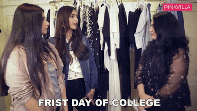 Three Women Are Standing In Front Of A Rack Of Clothes With The Caption ' Frist Day Of College ' Above Them GIF