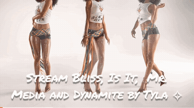 Three Women Are Standing In Front Of A White Background With The Words Stream Bliss Is It Media And Dynamite By Tyla GIF