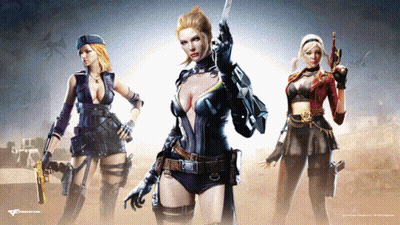 Three Women Are Standing Next To Each Other With Guns And The Word Crossfire On The Bottom Right GIF
