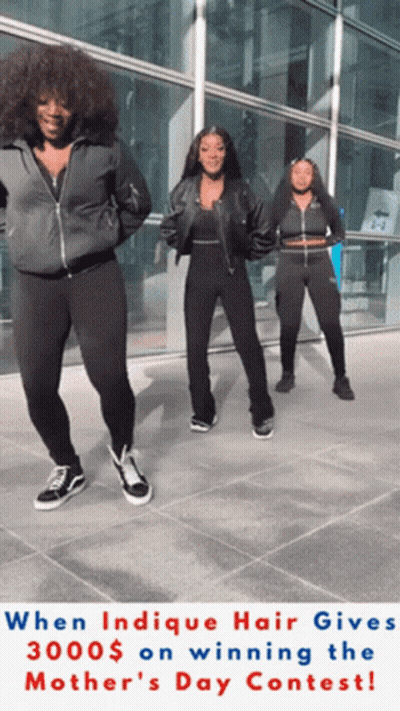Three Women Dancing With Caption When Indicque Hair Gives 3000 $ GIF
