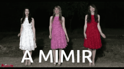 Three Women In Dresses Are Standing Next To Each Other With The Word A Mimir In White Letters GIF