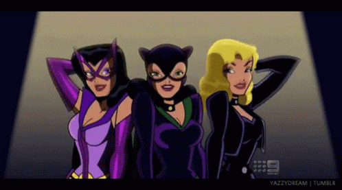Three Women In Superhero Costumes Are Standing Next To Each Other With The Number 9 In The Background GIF