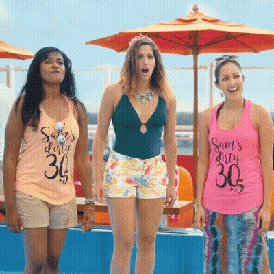 Three Women In Tank Tops Saying Sam's Dirty 30 GIF