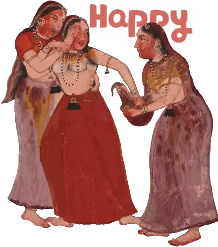Three Women Painting With Happy In Red Sticker