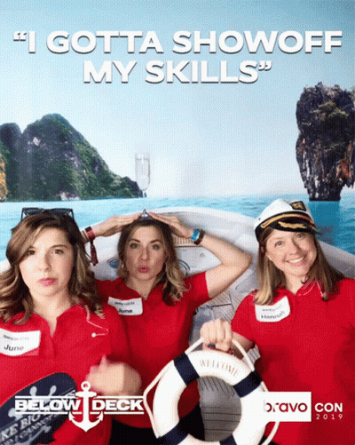 Three Women Pose For A Photo In Front Of A Sign That Says " I Gotta Show Off My Skills " GIF