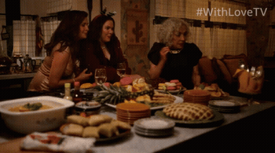 Three Women Sitting At Table With Food #WithLoveTV GIF