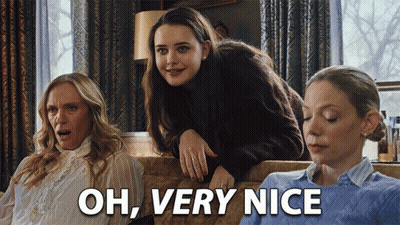 Three Women Sitting On A Couch With Oh Very Nice Written On The Bottom GIF